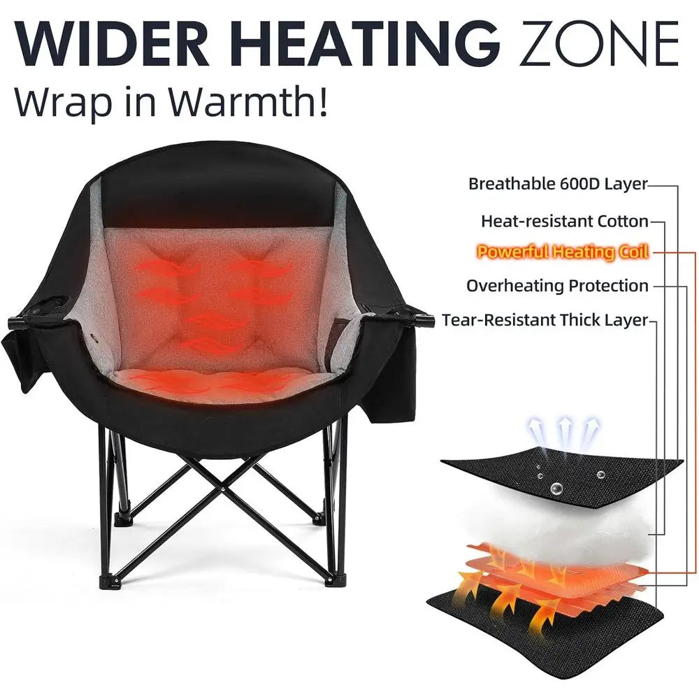 Heated Oversized Camping Chair - Heavy Duty Padded Folding Camping Chairs for Adults with Cooling Bag, Side Pocket, Cup Holder a