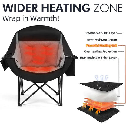 Heated Oversized Camping Chair - Heavy Duty Padded Folding Camping Chairs for Adults with Cooling Bag, Side Pocket, Cup Holder a