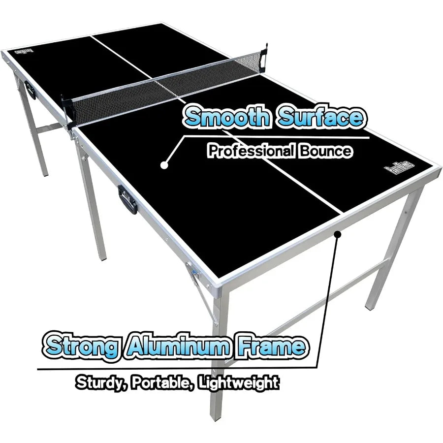 PartyLife 6 ft x 3 ft Mid-Size Portable Folding Indoor Outdoor Ping Pong Table Tennis Table with Optional LED Lights for and Ad