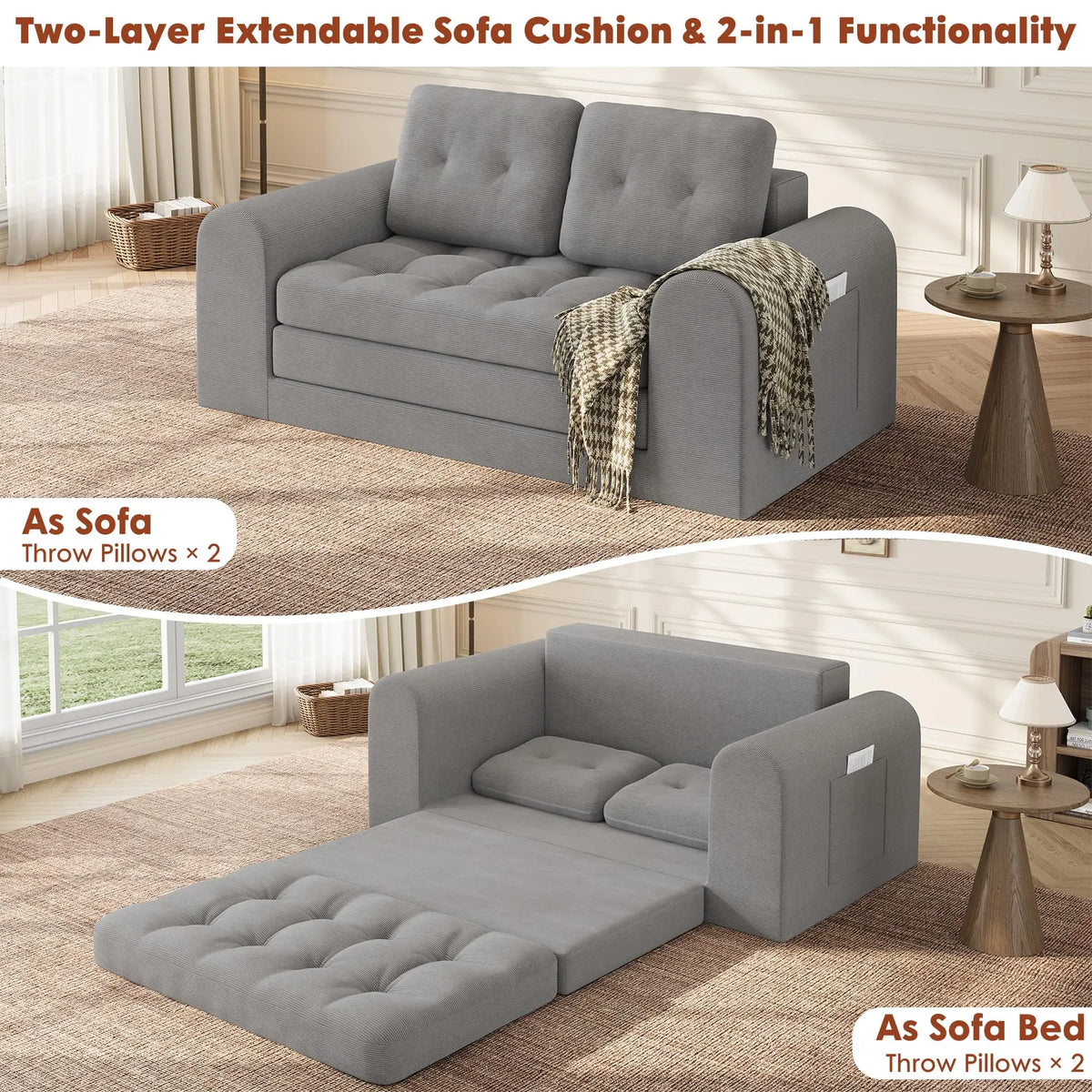 Convertible Corduroy Sofa Bed - 59 Inch Loveseat Futon Couch - Pull Out Sleeper, Folding Design for Living Room or Bedroom - Space-Saving, Comfortable Seating