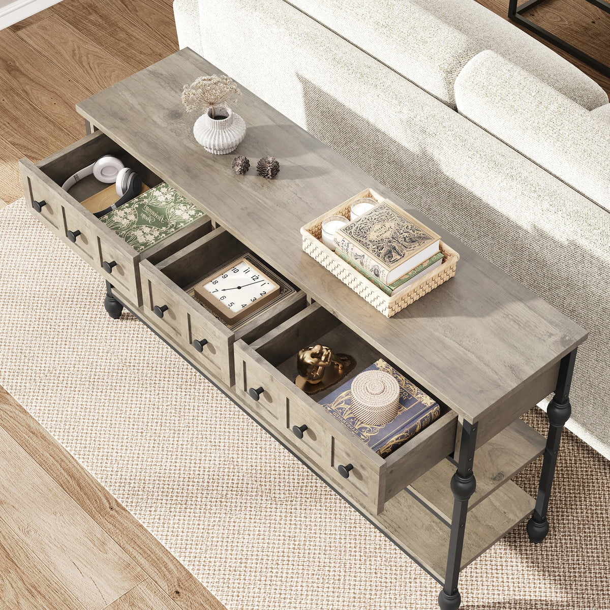 52.5 in Long Console Tables for Entryway with 3 Drawers, 3-Tier Industrial Metal Frame Sofa Table with Roman Column Legs for Hallway, Living Room, Foyer