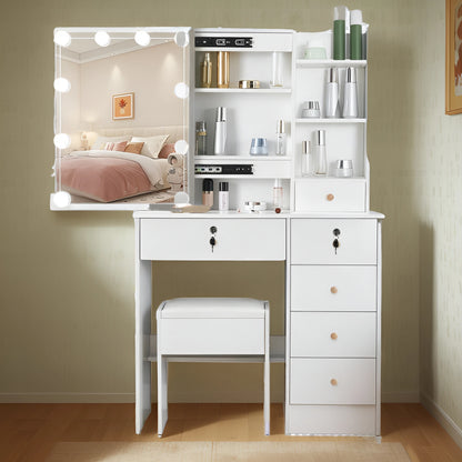 White LED Dressing Makeup Table Bedroom Vanity Set with LED Mirror Stool Drawers