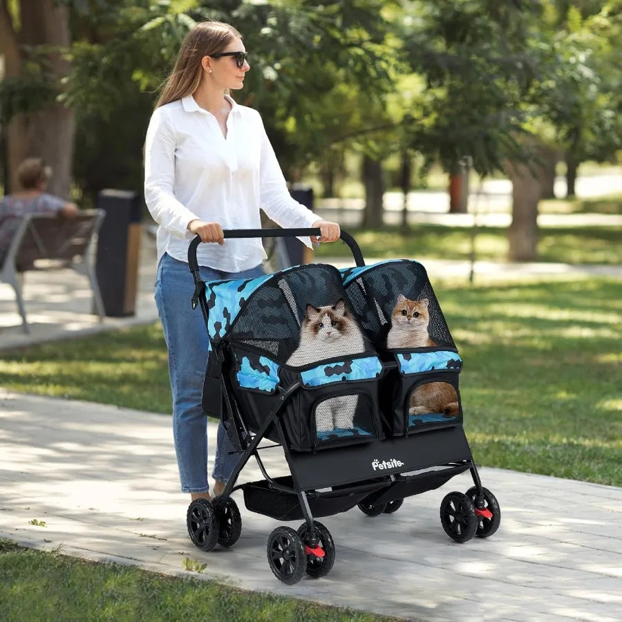 Double Pet Stroller Foldable Double Dog Stroller with 2-Seater Carrier Adjustable Sunshade Removable Pad Safety Belt Storage Ba
