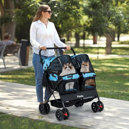 Double Pet Stroller Foldable Double Dog Stroller with 2-Seater Carrier Adjustable Sunshade Removable Pad Safety Belt Storage Ba