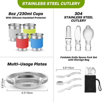 29pcs Camping Cookware Mess Kit, Non-Stick Lightweight Pots Pan Kettle, Collapsible Water Container and Bucket,Plates Forks