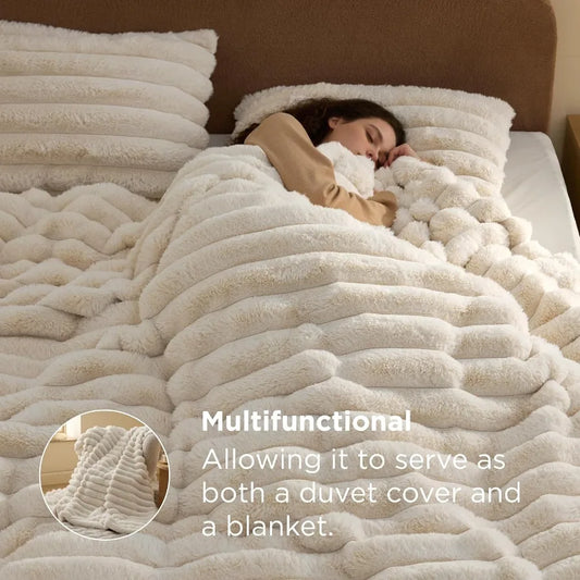 Queen Size Faux Fur Duvet Cover Set in Beige - Soft Cozy Shaggy Winter Warm Luxury Fuzzy Bedding with 1 Duvet Cover and 2 Pillo