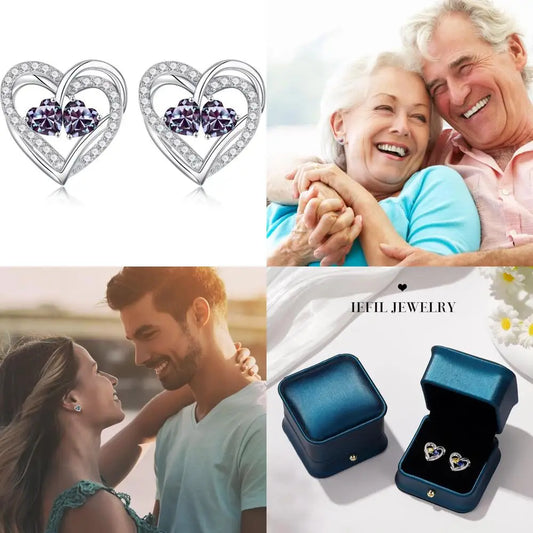 Sterling Silver Double Birthstone Earrings, Heart Studs, Perfect Anniversary Birthday Gifts for Women, Ideal Christmas Presents