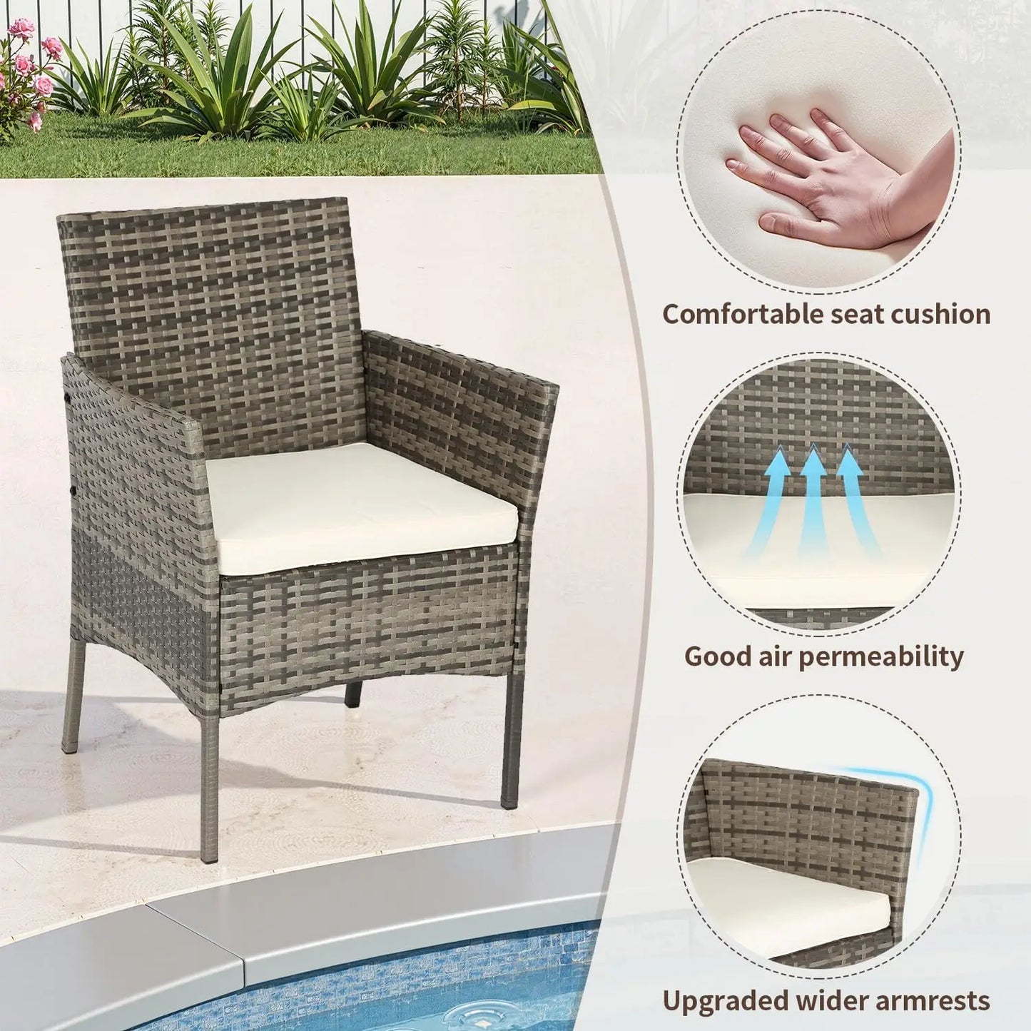 Outdoor Patio Furniture Set with Loveseats and Coffee Table, PE Rattan for Indoor Outdoor Use, Khaki Cushions, 4-Piece