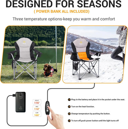Portable Heated Camping Chair with Battery, Outdoor Folding Seat for Adults, Includes Cooler and Power Bank