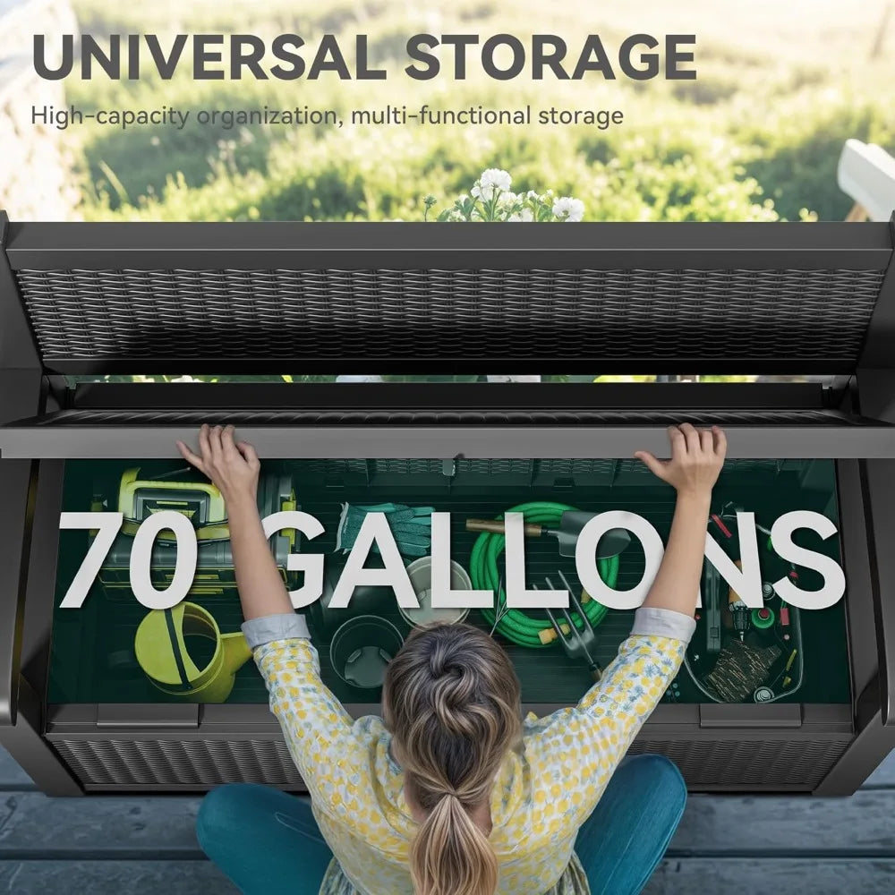 70 Gallon Deck Bench with Storage, Outdoor Storage Box Bench with Armrests for Patio Garden Pool Porch, Waterproof&Lock