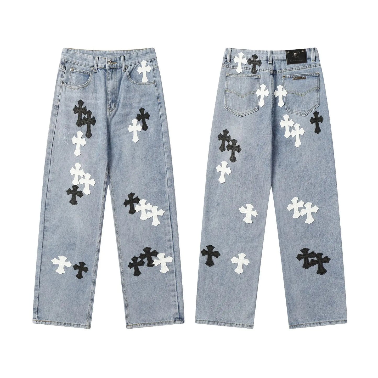 Classic Luxury Brand Men Women Leather Jeans Totem Patch Casual Pants Fashion Metal Embellished Couple Wear 2025