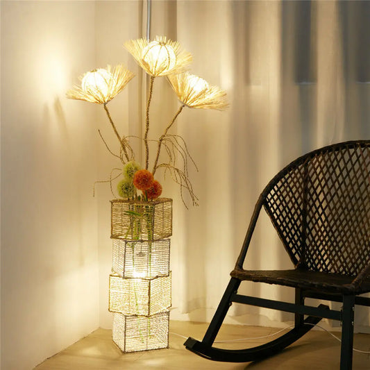 Modern Rattan Floor Lamp Dimmable Standing Floor Lamp Flower LED Night Light for Living Family Bedroom Deco