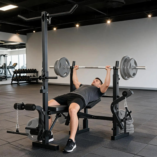 8-in-1 Collapsible Adjustable Weight Bench Set with Squat Rack, Bench Press, Lat Pulldown, Leg Extension/Wave & Preacher Wave Pad - Steel Home Gym Strength Training