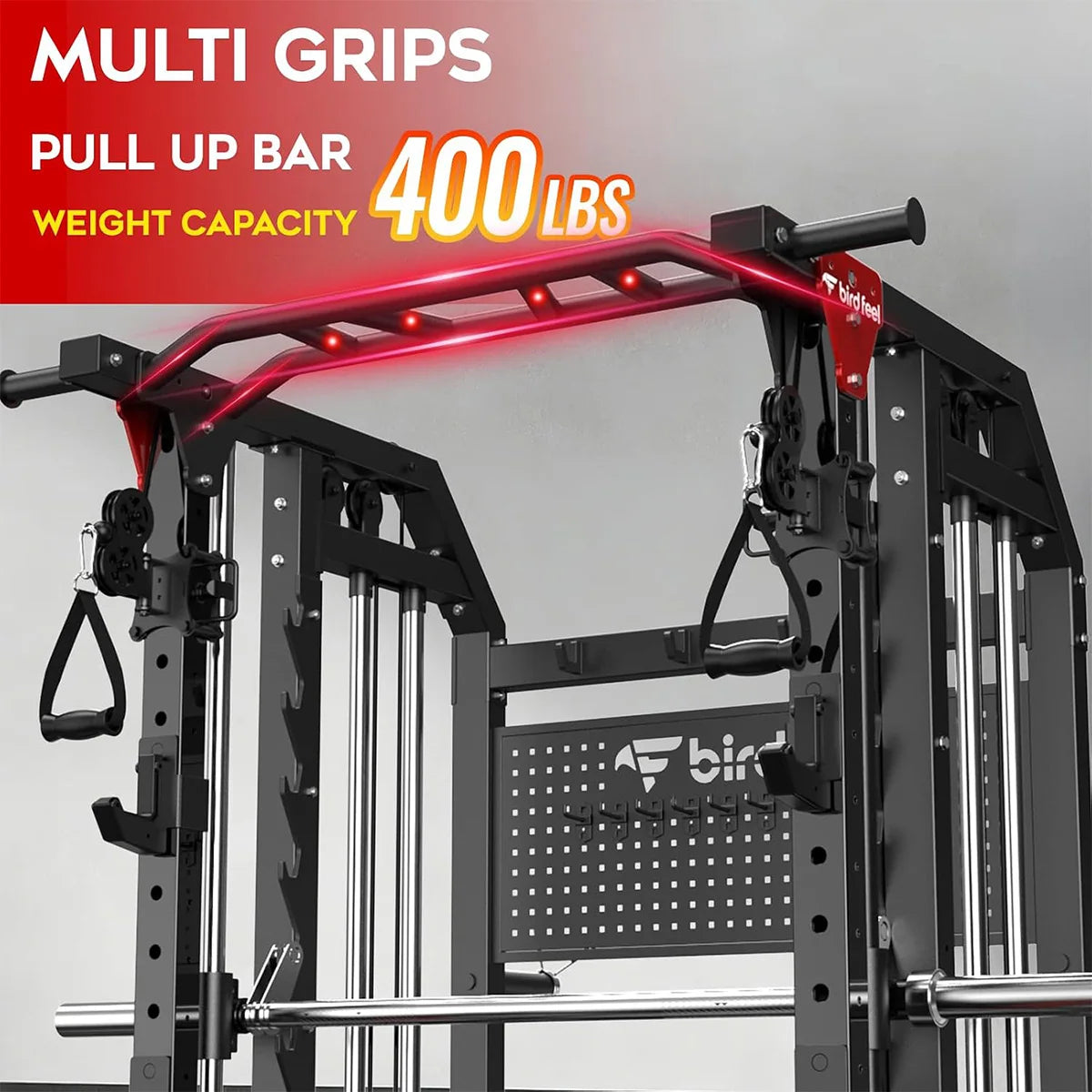 Pooboo Multi-Function 2000LB Power Cage Smith Machine, Dual Pulley Cable Crossover | Home Gym Squat Rack Featuring LAT Pulldown & Strength Training Attachments, Pegboard