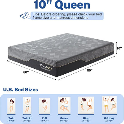 Hcore 10 Inch Queen Size Mattress, Luxury Cooling Gel Green Tea Memory Foam Firm Mattress, Medium Firm to Firm Mattress.