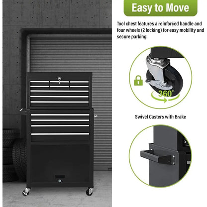 2-in-1 Rolling Tool Chest with Lockable Metal Cabinet, Detachable Drawers, and Wheels for Garage Workshop (Black)