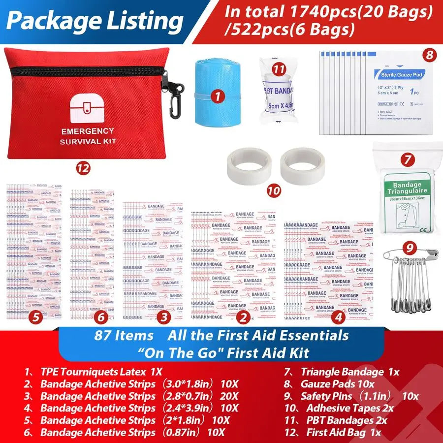 1740 Pcs Small First Aid Kits Bulk Mini Travel Size Emergency Individual Zipper Pouch Self Care Package Supplies for Homeless Tr
