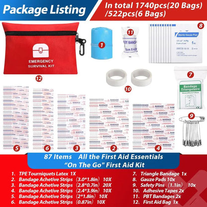 1740 Pcs Small First Aid Kits Bulk Mini Travel Size Emergency Individual Zipper Pouch Self Care Package Supplies for Homeless Tr