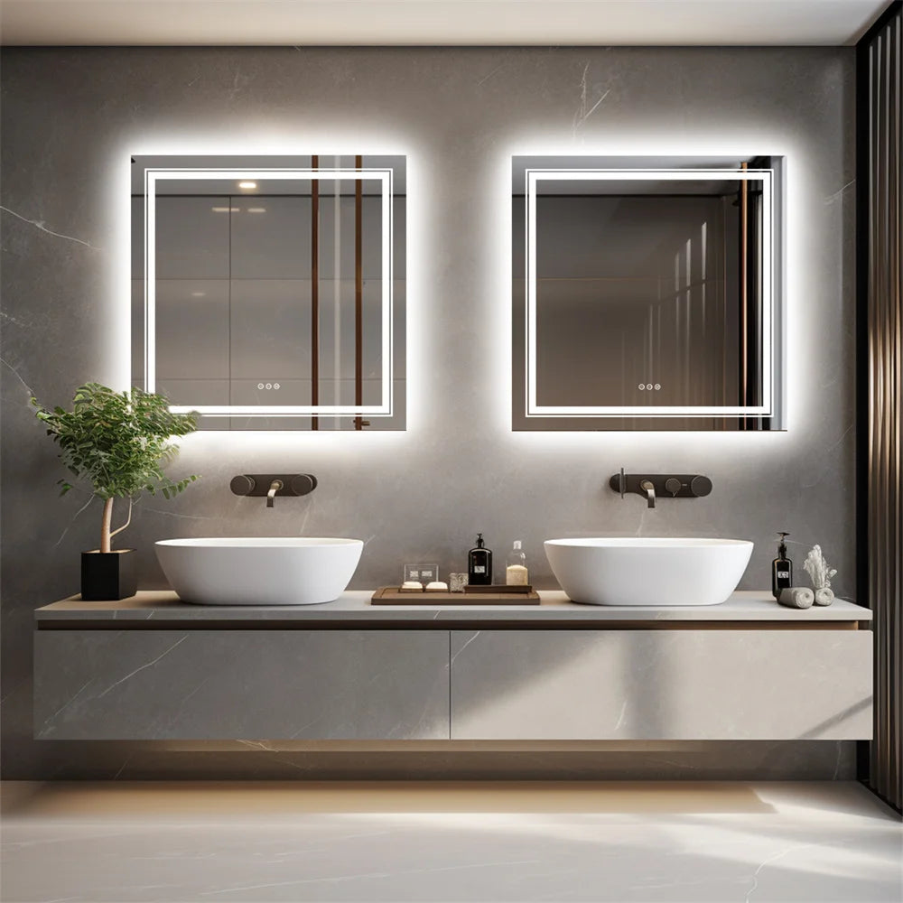 LUVODI Dimmable LED Bathroom Wall Mirror Square Illuminated Makeup Mirror with Defog Feature for Vanity