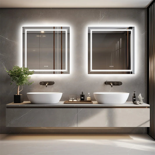 LUVODI Dimmable LED Bathroom Wall Mirror Square Illuminated Makeup Mirror with Defog Feature for Vanity