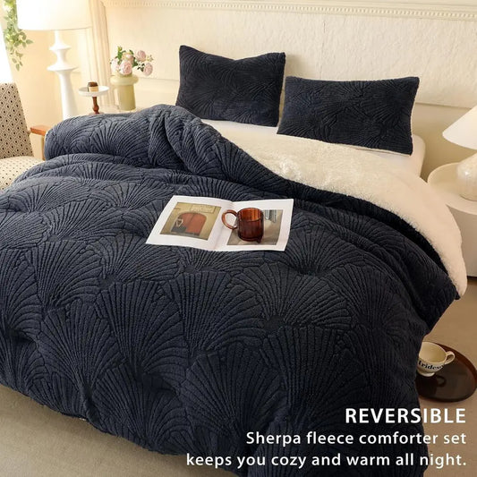 Sherpa Comforter Set Warm Cozy Premium Bedding, 3 Pieces, Full/Queen Size Geometric Quilt with 2 Pillowcases (90x90 Grey)