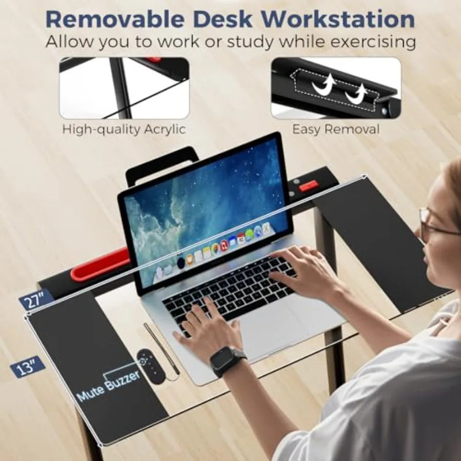 Under desk walking pad treadmill for home gym use, foldable steel frame in black, 3-in-1 design with removable desktop, remote