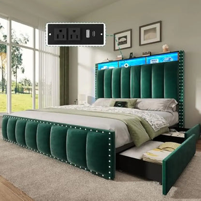 LED Full-KING Size Bed Frame with 4 Storage Drawers, Velvet Upholstered Platform Bed & Charging Station and Storage Headboard