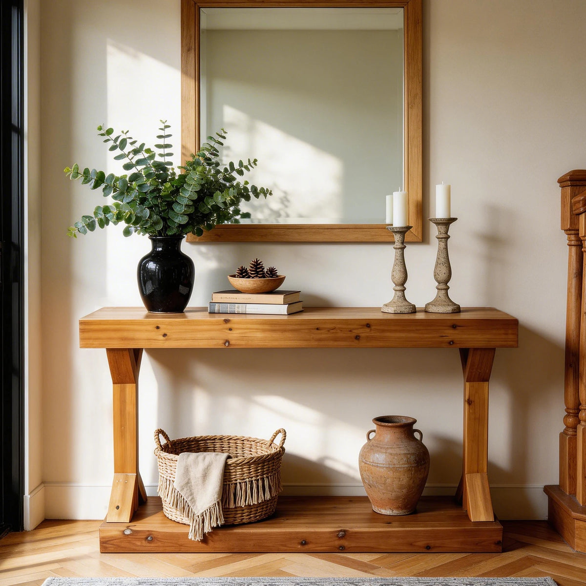 Wooden Console Table: 120cm Farmhouse Entryway Table with Shelf, Solid Fur Wood Rustic Sofa Storage Table Behind Couch for Living Rooms, Foyers, Hallways