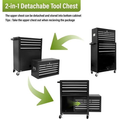 2-in-1 Rolling Tool Chest with Lockable Metal Cabinet, Detachable Drawers, and Wheels for Garage Workshop (Black)
