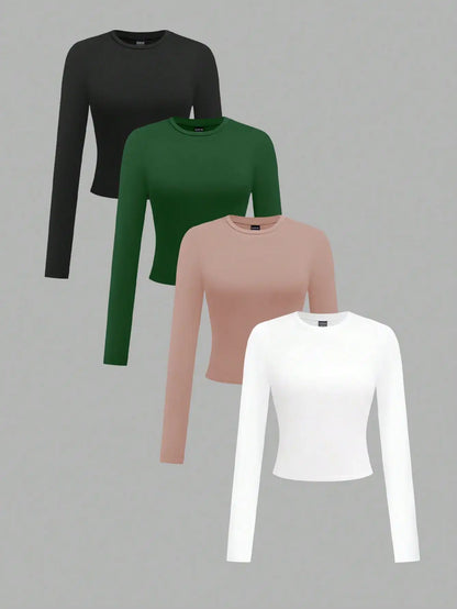 4-Pack Women's Solid Color Round Neck Long Sleeve Crop Tops, Casual Fall/Winter Tees