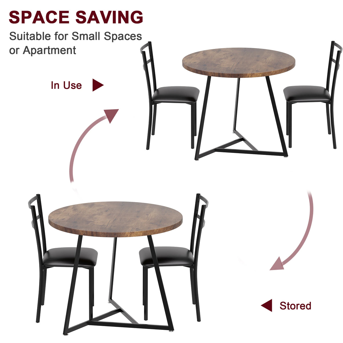 Dining Table Set for 2, Round Kitchen Table and PU Padded Chairs, 3 Piece Dining Room Table Set,Coffee Table and Chair Round Office Conference Reception Coffee Table for Kitchen