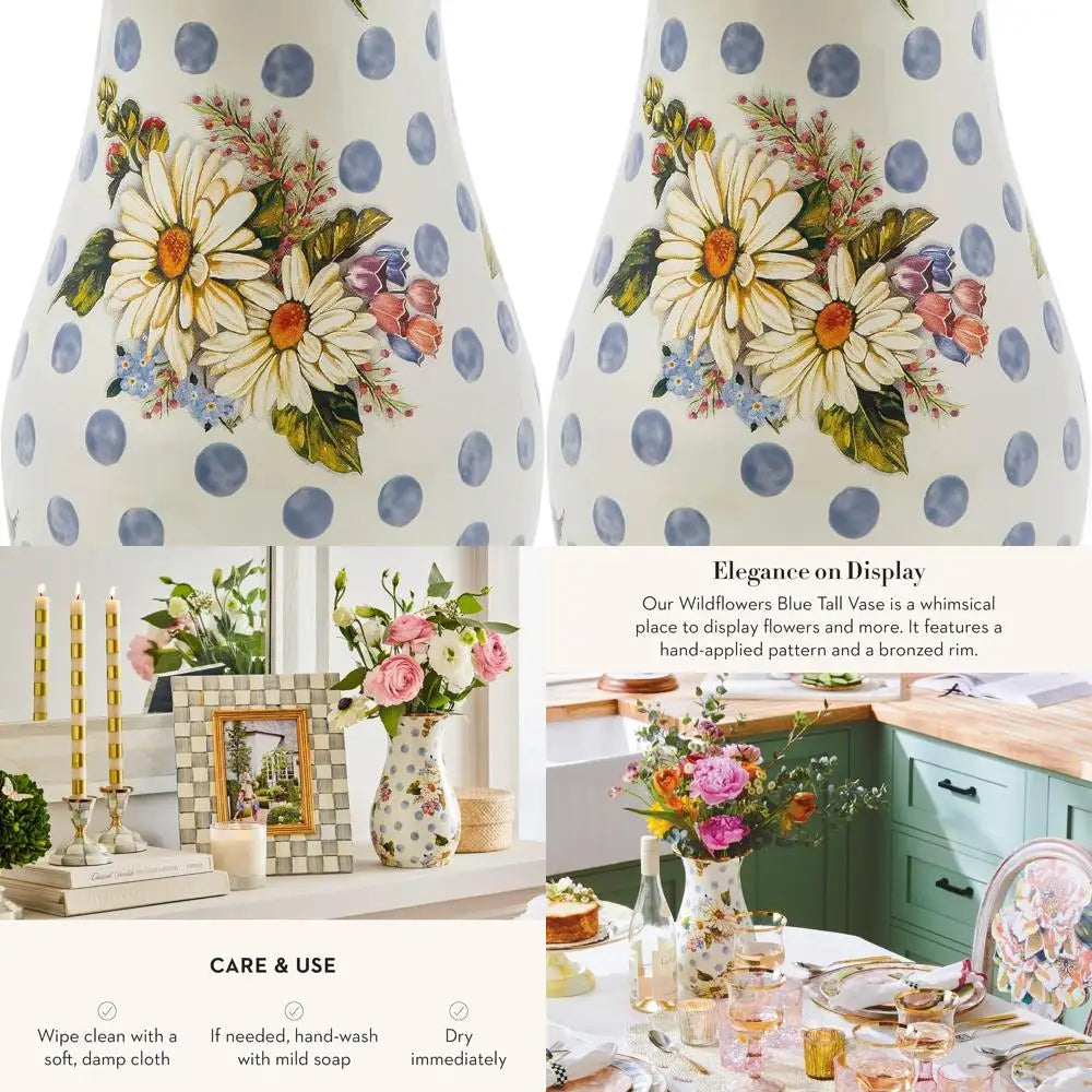 Elegant Blue Floral Enamel Vase - Chic Living Room Decor