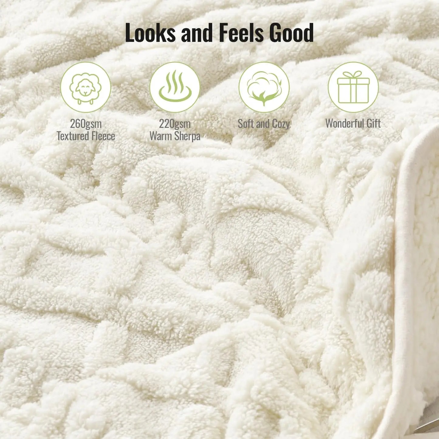 Queen Size 20lbs Weighted Blanket for Adults, Soft Jacquard Sherpa Dual-Sided, Cream White