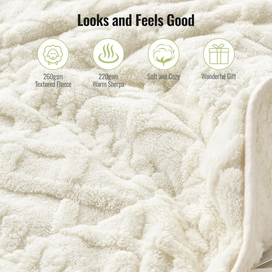 Queen Size 20lbs Weighted Blanket for Adults, Soft Jacquard Sherpa Dual-Sided, Cream White