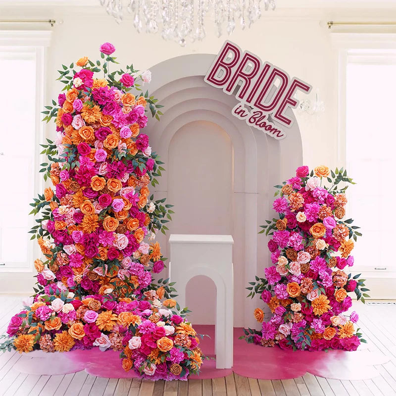 A8275 Hot Pink Orange Rose Green Leaf Arrangement Floral Event Flower Stand Wedding Backdrop KT Board Decorations For Reception