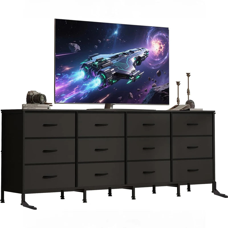 12 Drawer Dresser for Bedroom, 70” Long TV Stand for 65, 75, 80 Inch TV | Dresser with Charging Station, Large Entertainment Center for Living Room, Entryway