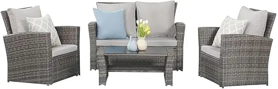 Outdoor Patio Furniture Set, 4-Piece Wicker Conversation Set with Gray Rattan Sofa Chairs and Cushions for Porch or Deck