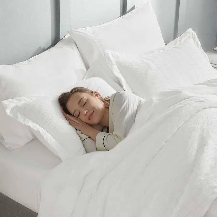 Queen Comforter Set White Seersucker 7 Pieces Bed in a Bag Queen Comforter Set with Sheets, Luxury Soft Bedding Set with Down Al