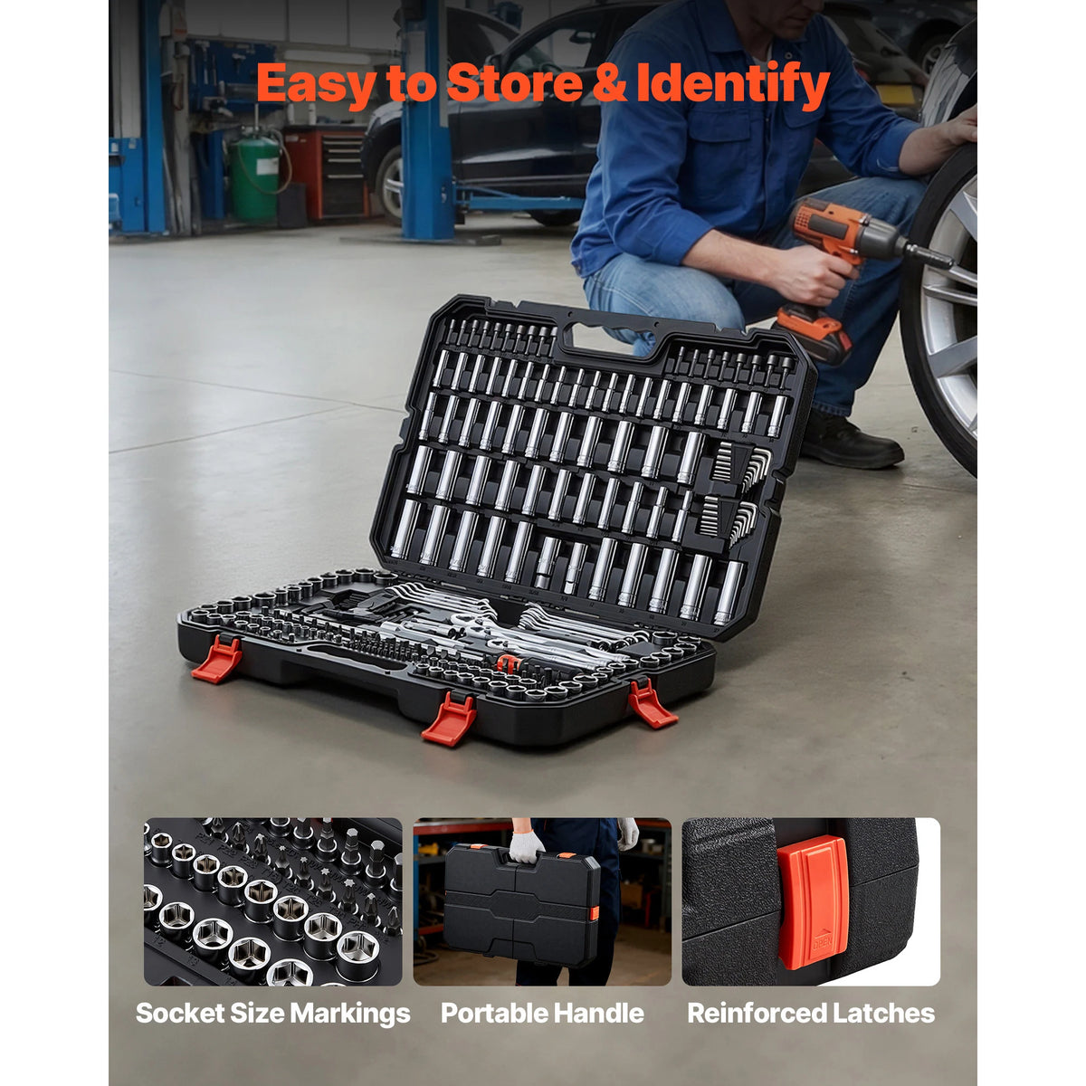 Mechanics Tool Set, 253-Piece Mechanic Tool Kit, 1/4 in, 3/8 in, and 1/2 in Drive, SAE and Metric Socket Set, Wrenches, Screwdriver Bits, Accessories, and Storage Case, Designed for Automotive Repair