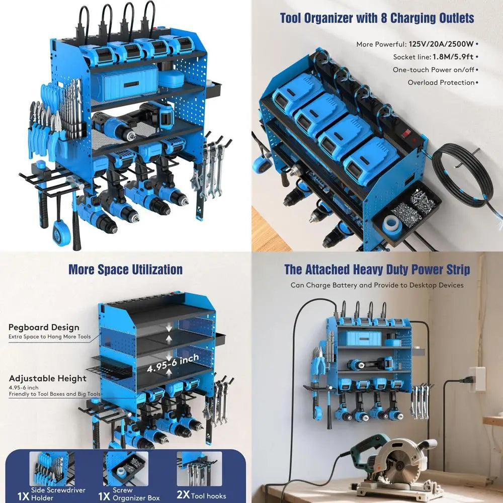 4-Tier Adjustable Wall-Mounted Power Tool Organizer with Charging Dock, Holds Drills, Hooks, and Storage Boxes