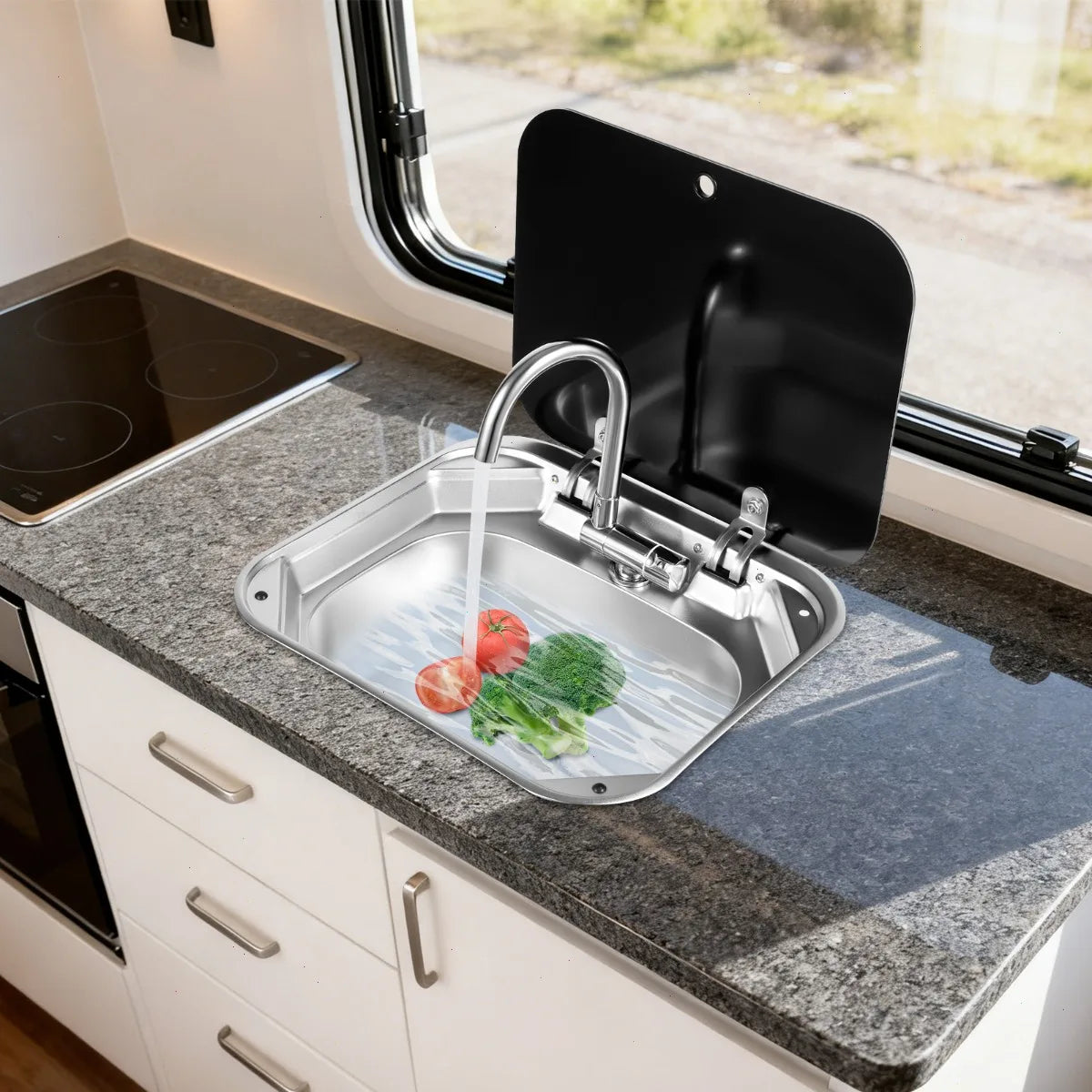 Kitchen Sink, Rv Sink, Water Sink, 304 Stainless Steel, Bathroom Camper, Faucet and Accessories Kit, Black Tempered Glass Cover, Dual-use Countertop, Motorhome, Modern, Corrosion Resistant, Easy Install