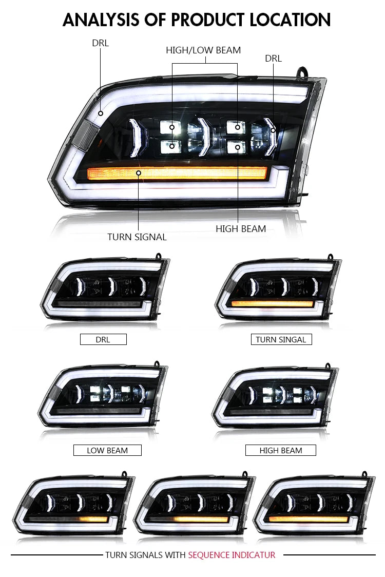 Headlights for 2009-2018 Dodge RAM 1500 2500 3500 with Sequential Turn Signals & Startup Animation