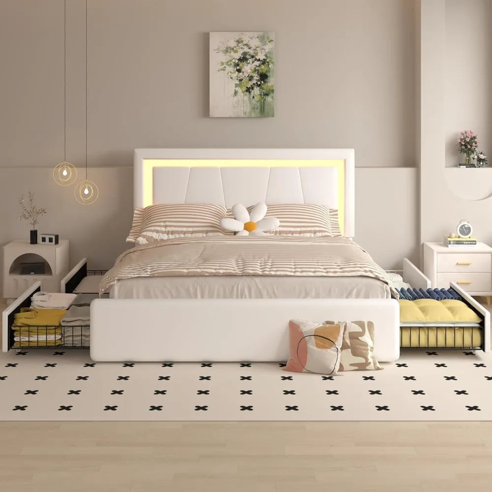 Full Bed Frame with 4 Storage Drawers and Adjustable Headboard, Upholstered Platform Bed with LED Lights and USB Ports, Solid Wo
