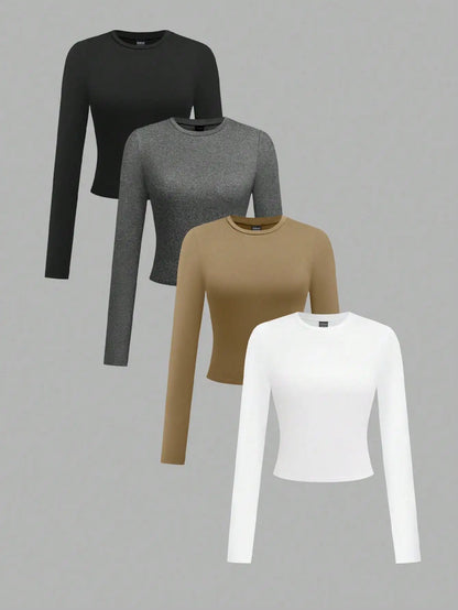 4-Pack Women's Solid Color Round Neck Long Sleeve Crop Tops, Casual Fall/Winter Tees