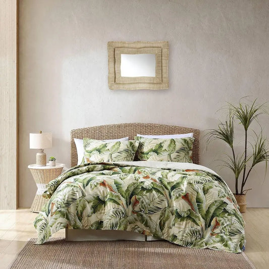 California King Comforter Set, Cotton Sateen Bedding with Matching Shams & Bedskirt, All Seasons (Palmiers Green)