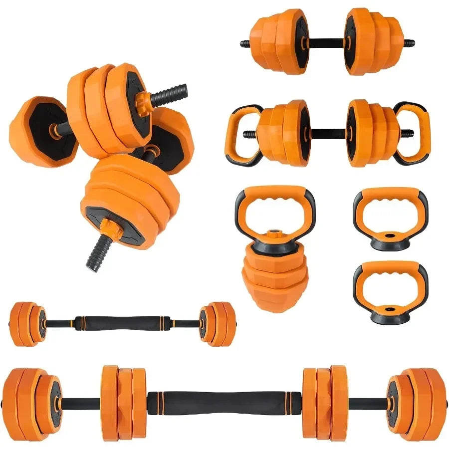 4-in-1 Adjustable Dumbbell Set for Home Gym Use as Dumbbells, Barbell, Kettlebells, Push Up Stand Full Body Strength Training E