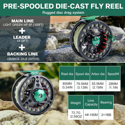 Complete 9FT 4Piece Fly Fishing Rod and Reel Combo with PreSpooled Reel Fly Line Flies Leader Tippet Forceps Nipper Gear Case a