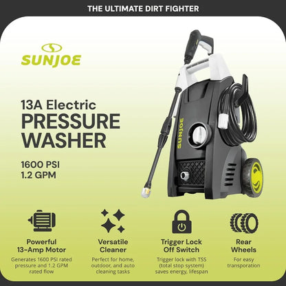 Electric Pressure Washer 1850 Max PSI Black for Cars Fences Patios All Uses with GFCI Cord Adjustable Spray Wand Total Stop Sys
