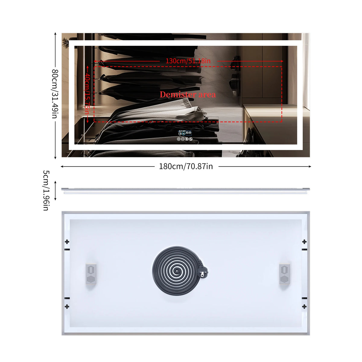 XXL Bathroom Mirror Smart LED Vanity Mirror Wall Mounted with Bluetooth, Digital Display, Back Front Lit,Anti Fog for Hotel Hall