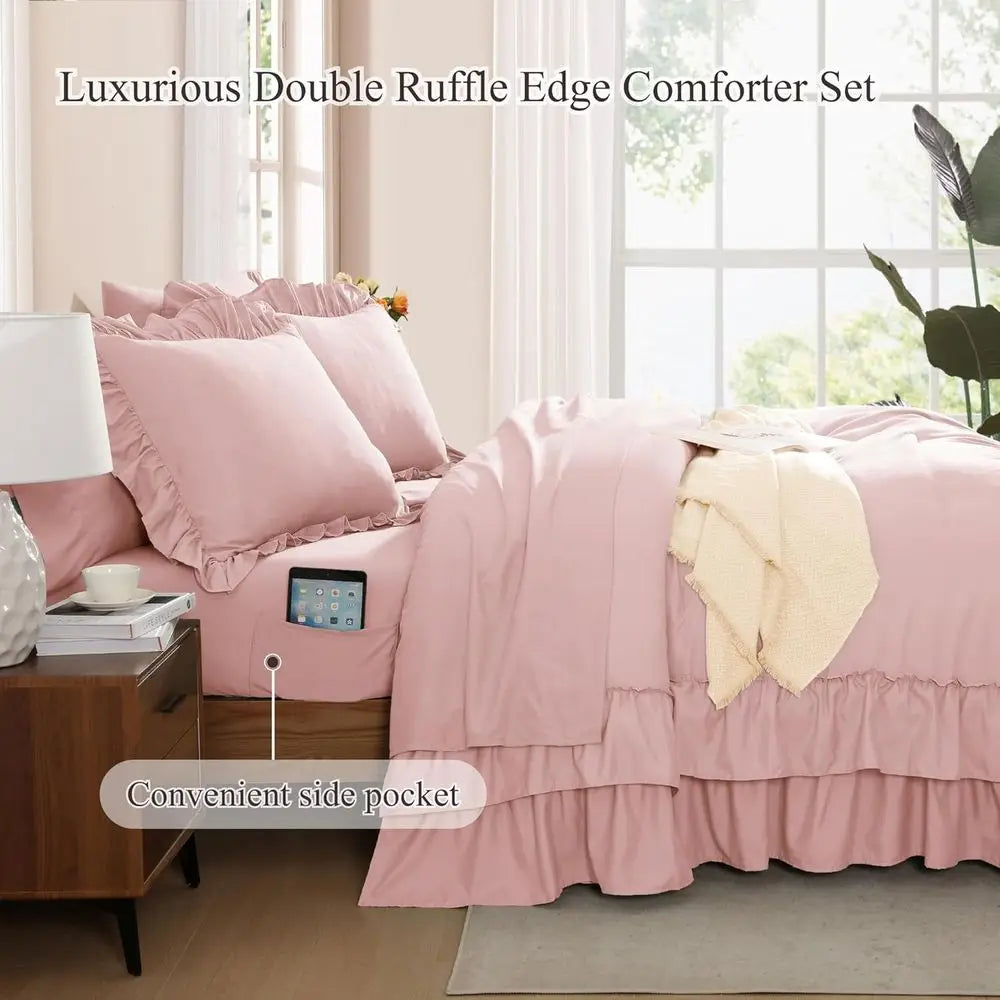 Comforter Set Soft Pink, Shabby Chic Bedding 7-Piece, All Season Bed in a Bag with Sheets, Pillowcases & Shams